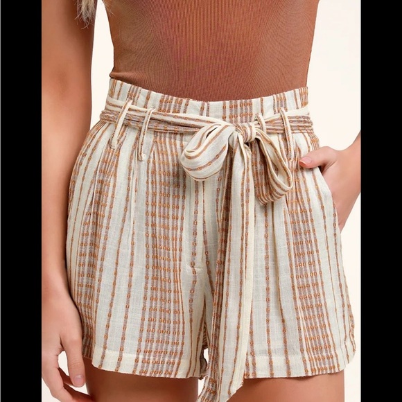 Lulu's High Waist Tan and White Striped Shorts - Picture 1 of 6